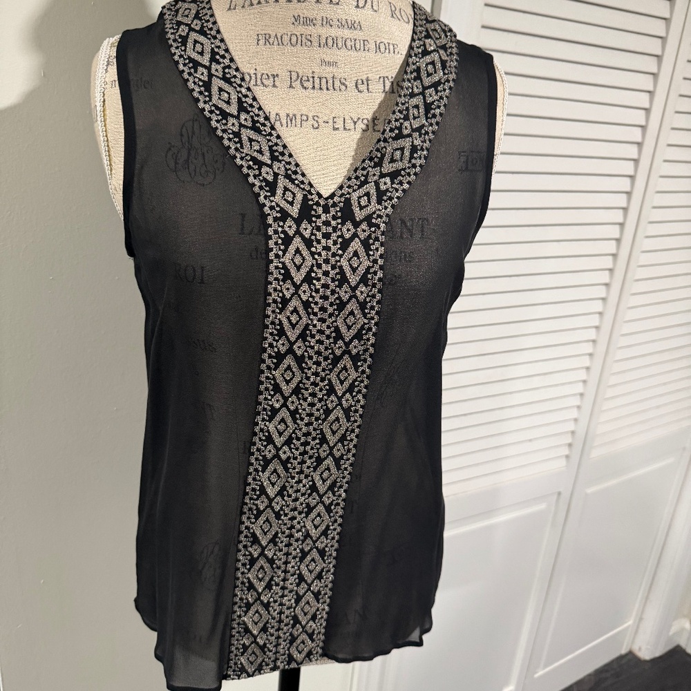 Sleeveless Black Sheer V-neck Top with Diamond Design Trim